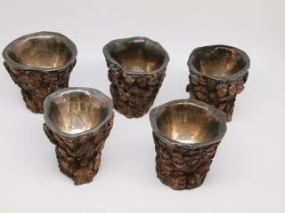 Antique Chinese Carved Wood & Fine Silver Wine Cup ? Libation ? Set Of 5