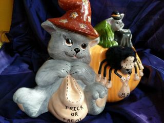 Vintage Halloween Handpainted Ceramic Trick Or Treat Mouse Cat Spider Pumpkin