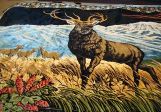 Large Vintage Wildlife Deer/elk Tapestrie Wall Hanging 76 " X 48 Euc Blue Fringe