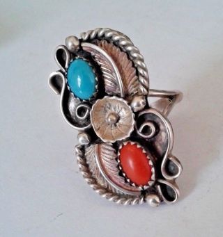 Vintage Sterling Silver Turquoise & Coral Navajo Braid Feather Rings -
