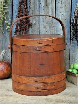 Aafa Antique Primitive Wooden Firkin Bucket W/ Lid 4 Finger Banded
