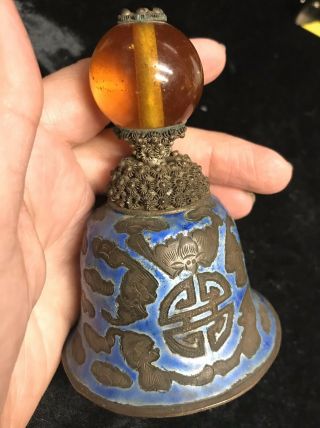 Antique Vintage Chinese Bat Blue Enamel Amber Color Hat Finial Button Bell Asian