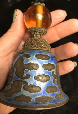 Antique vintage Chinese Bat Blue Enamel amber color Hat Finial button Bell asian 3
