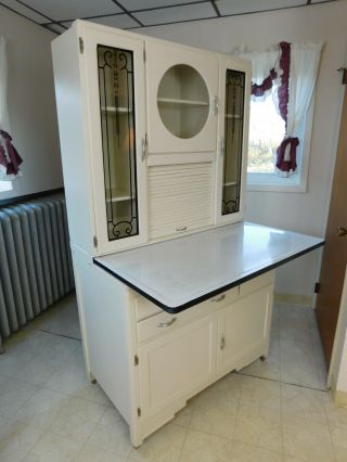 Rare 1930s Antique Art Deco Stenciled Black White Kitchen Safe Cabinet By Marsh