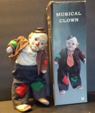 Vintage Musical Clown Wind Up Rotates His Head As Music Plays Porcelain 11 "
