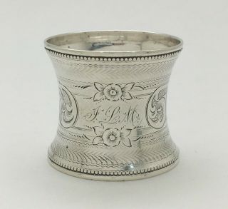 A Magnificent Antique Bright Cut Engraved Sterling Silver Napkin Ring " Jlm "