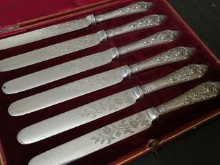 Antique Set Of Six Ornate Solid Sterling Silver Handled Butter Tea Knives