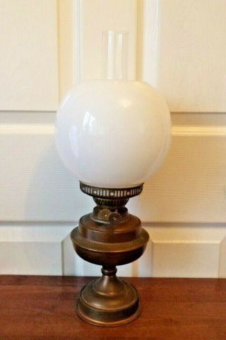 A Vintage Copper Brass Oil Lamp Twin Burner Order & White Glass Shade