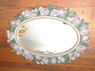 Vintage Home Interiors Oval Wall Mirror Pink Roses Syroco Plastic 27 " X 18 "