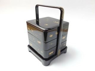 Japanese Antique Vintage Black Lacquer Wood 3 Tiered Jubako Box Chacha