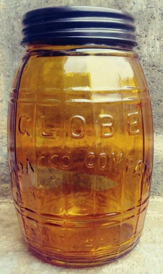 Antique Amber Glass Globe Tobacco Company Barrel Keg Shaped Jar W/ Lid 9 "