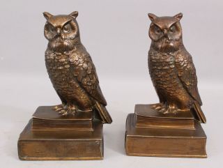 Pair Antique Early 20thc Bronze Clad Figural Owl Bookends,