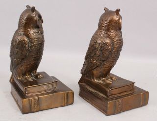 Pair Antique Early 20thC Bronze Clad Figural Owl Bookends, 2