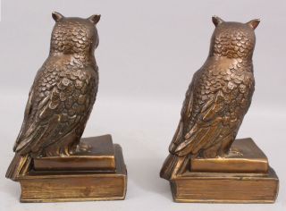 Pair Antique Early 20thC Bronze Clad Figural Owl Bookends, 3