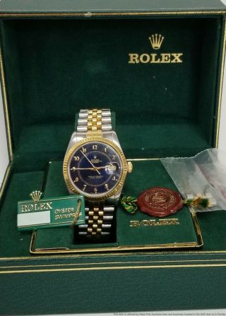 16013 Rolex Datejust 18k Gold Ss Rare Blue Scientific Dial Watch Box Tags