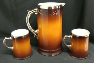 antique Silver Sienna porcelain Hunt bird dog pointers tankard pitcher,  mugs 2
