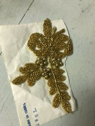 Vtg Gold Beaded Flowers With Bow Applique