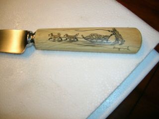 Vintage Scrimshaw Ivory Handle Carved Celluloid Dog Sled Carved Knife Signed 11 "