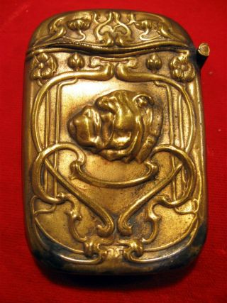 Vintage English Art Nouveau Brass Bulldog Bull Dog Match Holder Safe Vesta