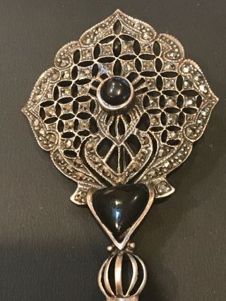 Vintage Antique Circa 1930’s Art Deco Sterling Silver Marcasite Onyx Pin Brooch 2