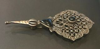 Vintage Antique Circa 1930’s Art Deco Sterling Silver Marcasite Onyx Pin Brooch 3