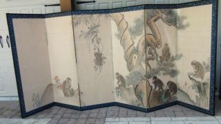 Unique Antique 19c Chinese Six - Panel Hand Painted Screen Of 10 Monkeys,  Signed
