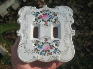 Vtg Porcelain Double Light Switch Cover Plate Floral Gold Hand Painted Granny St