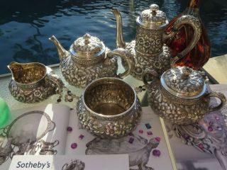 5 Rare Dominick Haff Repousse Tea Coffee Set 1889 Sterling Silver Old Heavy Huge