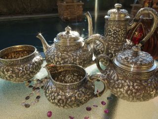 5 RARE DOMINICK HAFF REPOUSSE TEA COFFEE SET 1889 STERLING SILVER OLD HEAVY HUGE 2