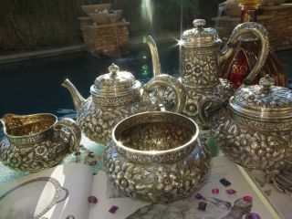 5 RARE DOMINICK HAFF REPOUSSE TEA COFFEE SET 1889 STERLING SILVER OLD HEAVY HUGE 3