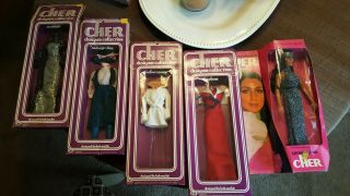4 Outfits Including Vintage Mego Growing Hair Cher Doll Toy Figure 1976