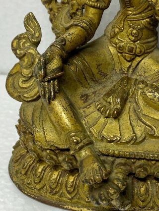 Early Antique Chinese Sino Tibetan Gilt Bronze Statue of Seated Tara W/ Inscript 3