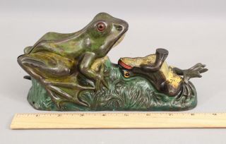Antique 19thc J & E Stevens Co Two Frogs Bullfrog Mechanical Bank Paint