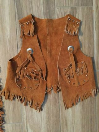 Vintage Child ' s Western Leather Cowboy chaps,  vest,  belt costume,  Sears L 5 - 6X 2