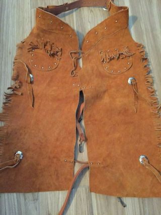 Vintage Child ' s Western Leather Cowboy chaps,  vest,  belt costume,  Sears L 5 - 6X 3