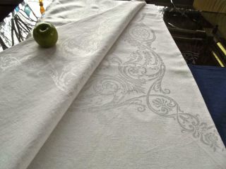 Vintage White Irish Linen 68x92 Banquet Tablecloth Damask Rosettes & Scrolls