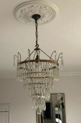 Antique Crystal And Brass Waterfall Chandelier