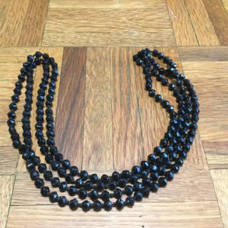 Vintage Whitby Jet 58” Hand Knotted Hand Carved Black Bead Mourning Necklace