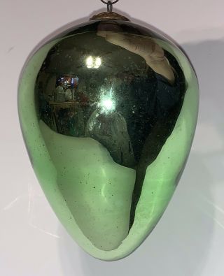 Vintage Large Kugel Green 6” Mercury Glass Teardrop Egg Ornament Antique
