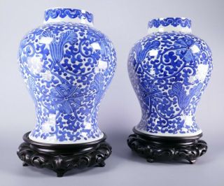 Fine Old Chinese 19th Century Pair Blue And White Porcelain Vases W/ Stands