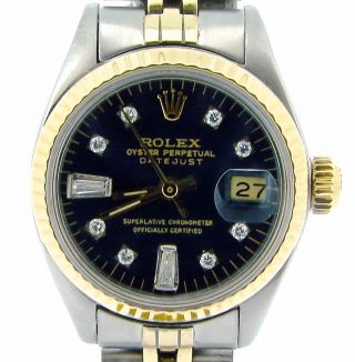 Rolex Datejust Lady 2tone 14k Gold & Steel Watch W/ Black 8,  2 Diamond Dial 6917