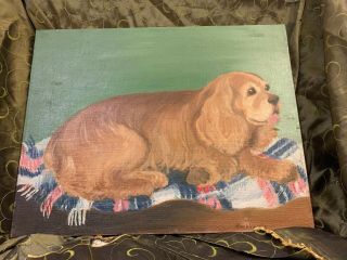Vintage Happy Dog Acrylics On Canvas Painting Signed