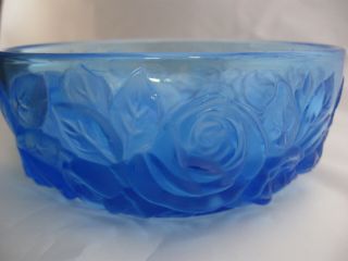 Vintage Verlys France Art Glass Bowl,  Satin Blue Molded Roses,  Signed
