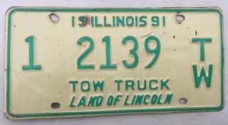 1991 Illinois Tow Truck License Plate " 1 2139 Tw " Il 91 Towing Repossessor