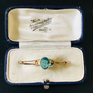 Art Nouveau 9ct,  9k,  375 Gold Blue Zircon Brooch,  Pin In Antique Box C1895