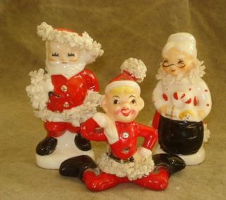 Vtg Napco Spaghetti Santa & Mrs Claus Salt/pepper Shakers & Christmas Pixie/elf