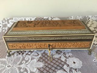 Vintage Indian Carved Wooden And Inlaid Box With Brass Feet And Key