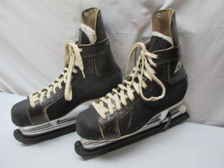Vintage Ccm Mustang Ice Hockey Skates Size 9 Brown Leather Black Guards Euc