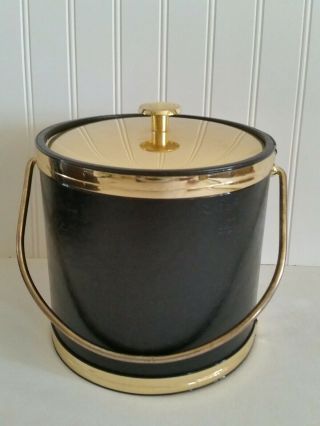 Vintage Mid Century Mod Kraftware Ice Bucket Faux Black Leather Hollywood Gold