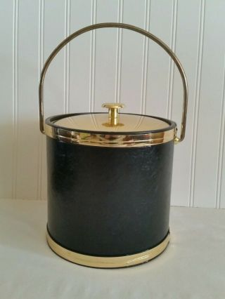 Vintage Mid Century Mod Kraftware Ice Bucket Faux Black Leather Hollywood Gold 2